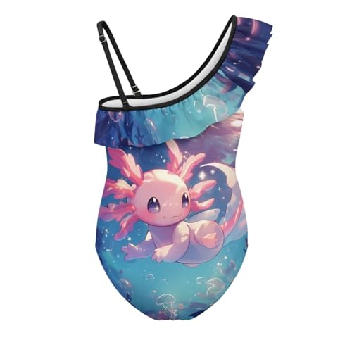 Image of WELLFLYHOM Axolotl Girls One Piece Swimsuits 3-14 Ruffle One Shoulder Bathing Suits Full Coverage Beachwear