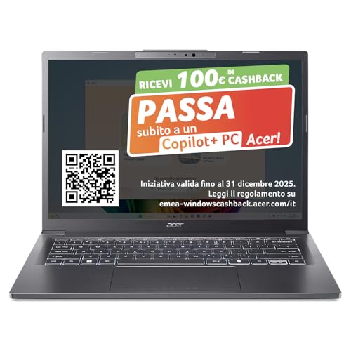 Aspire 14 AI Laptop | Display 14” WUXGA OLED | Intel Core Ultra 7-256V | 16 GB RAM | 512 GB SSD | Copilot+ PC | Windows 11 | QWERTY | PC Portatile IA, 14"