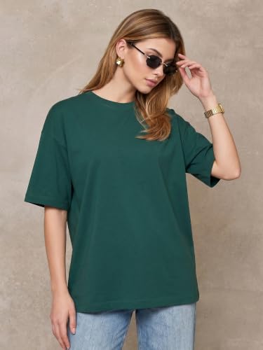 Image of JUNEBERRY Pure Cotton Oversized Baggy Fit Half Sleeve Drop Shoulder Plain Solid Round Neck T-Shirt for Women (Available in Black, White, Lilac, Cork, Maroon, Royal Blue, Swan White, Soap Nut Colors)