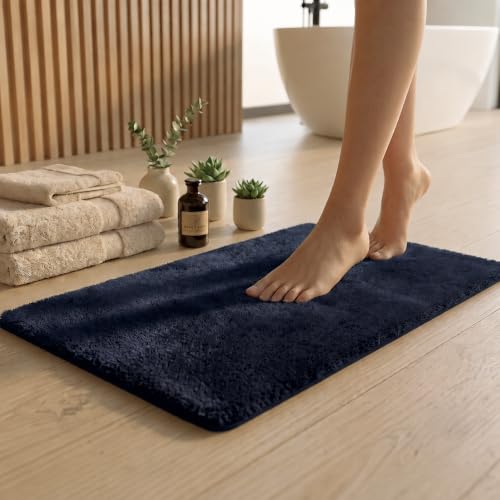 Image of Earthy Fables Plush Microfiber Bath Mat, Quick Dry, Anti-Skid, Water Absorbent, Non-Slip, Machine Washable Floor Rug, Shower Mat, Door Mat for Bathroom, Bedroom, 75 x 45 cm - Navy