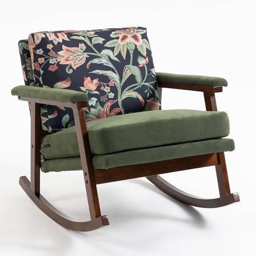 Rocking Chair Nursery, Mid Century Modern Upholstered Accent Chair with Solid Rubberwood Frame, Padded Accent Armchair for Adults, Reading Chair for Living Room, Bedroom, Green