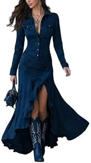 Womens Western Button Down Maxi Dress with Slit – Vintage Long Sleeve Hi...