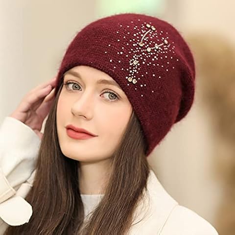 tinysiry Beanie Hats for Women,Sequins Rhinestone Solid Color Autumn Winter Coldproof Knitting Beanie Hat, Warm Soft Knit Cuffed Winter Hat Wine Red Cover