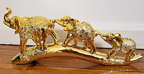 Dalax- Set Of 3 Golden Color Thai Elephant Buddha Buddhist Collectible Statue Baby And Mama On Bridge Trunk, Wealth Lucky Figurines Gift & Collectible Home Office Décor Accent, Centerpiece #TOP1