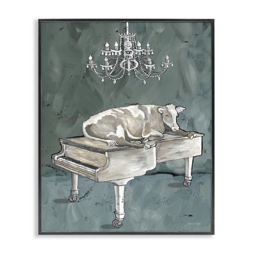 'Cow Resting on Piano Fancy Chandelier Green'| Framed Giclee Art