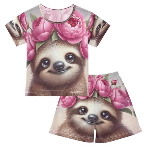 Sloth Flower Pajama Set Short Sleeve Summer Pajamas Shorts Sets PJ Clothes Set Soft 5Y