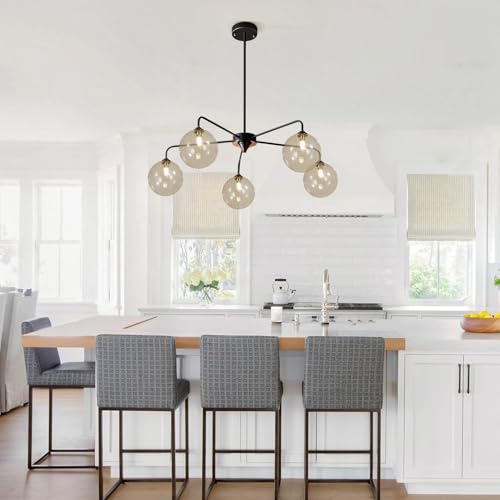 Image of 5 Light Black Sputnik Chandelier Mid Century Modern Chandelier with Cognac Clear Glass Globe Shade Pendant Light for Kitchen Dining Room