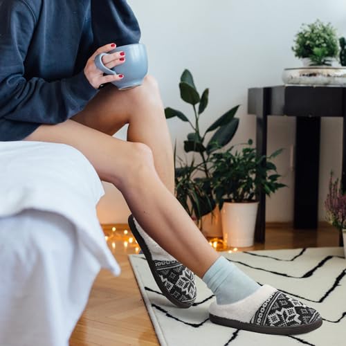 shoeslocker Slippers for Women Memory Foam Fuzzy House Slippers Womens Slippers Bedroom Non-slip Warm Fluffy Flower Black Size 82