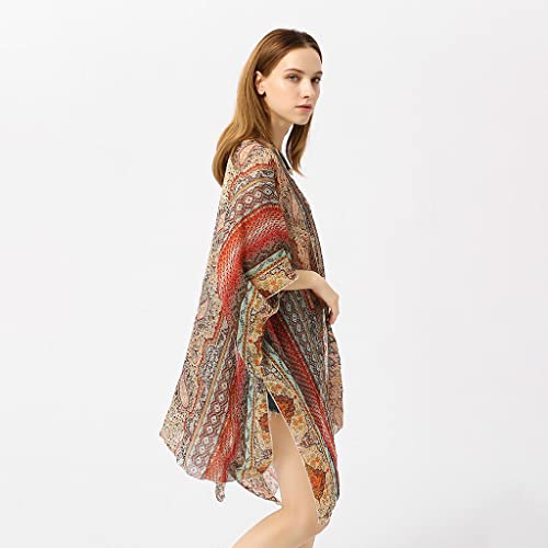 shamjina de Chiffon Floral Quimono Flowy Cardigã Biquíni com Capa para Cima Manga de, Vermelho