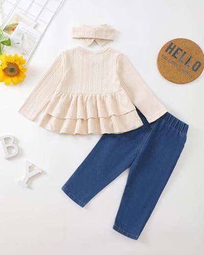 Image of Renotemy Infant Baby Girl Clothes 9-12 Months Fall Winter Beige Baby Cowgirl Outfits & Gifts - Rib Knit Jeans Pants Set