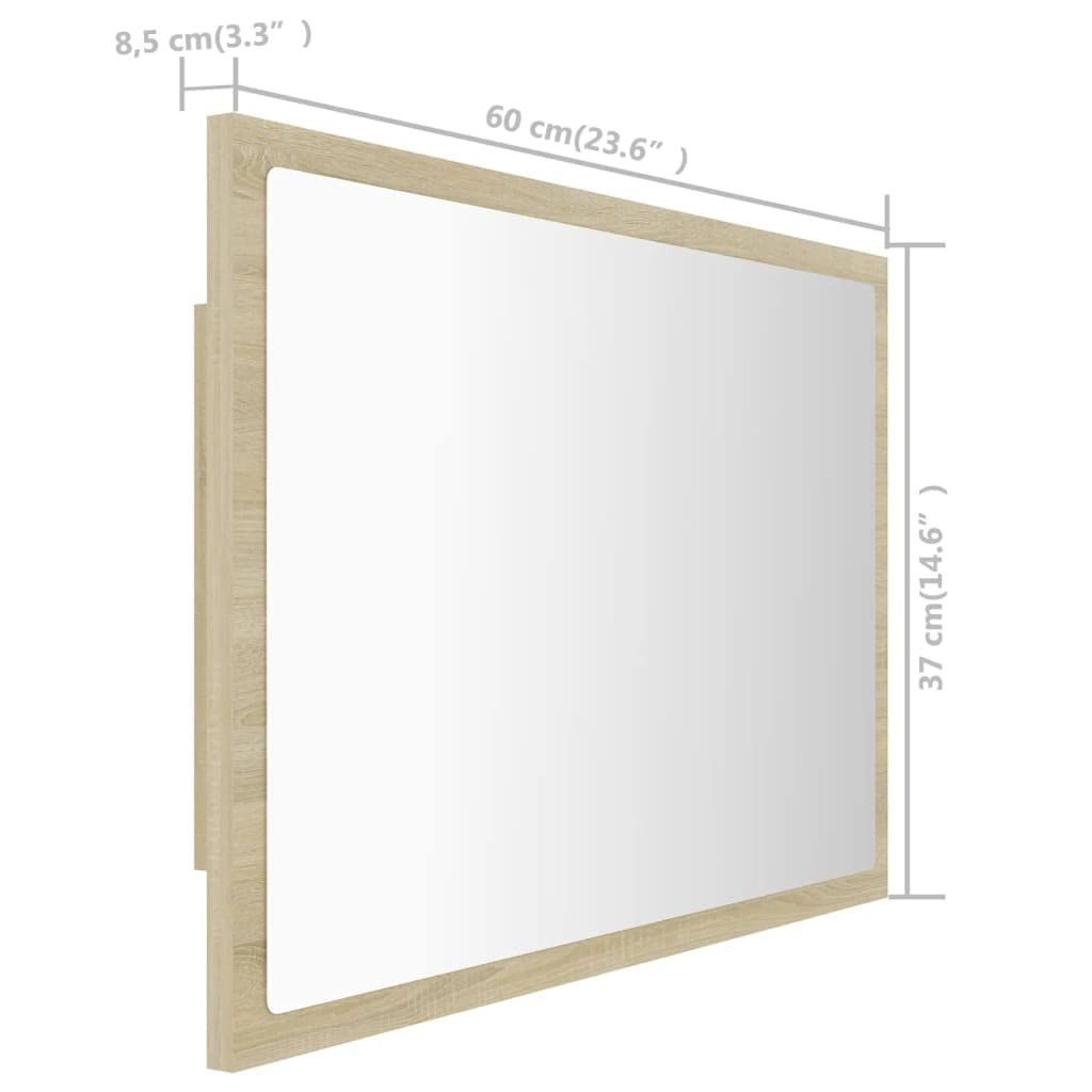 Lustro łazienkowe LED, dąb Sonoma, 60 x 8,5 x 37 cm, akryl z lampą RGB, montaż ścienny do umywalki i umywalki, mebel łazienkowy akcent do łazienki WC, wiszące lub poziome