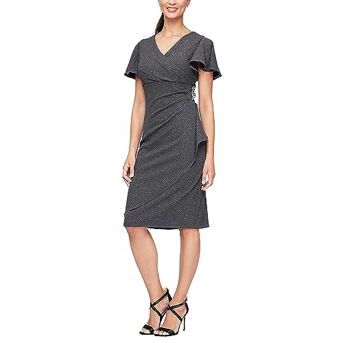 Image of S.L. Fashions Womens Midi V-Neck Sheath Cocktail Dress W /Flutter Sleeves, Wedding Guest (Petite and Regular Sizes)