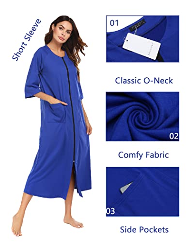 Ekouaer Duster Robe Womens Short Sleeve Bathrobes Zipper Front Housecoat Full Length Sleepwear Plus Size Nightgown(Blue Sapphire,M) #TOP3