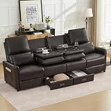DRMBOOK 96'' RV 4 Seater Recliner Sofa, Faux Leather Three Camper Couch 4 Seater Recliner, Home Movie Theater Seating Chair, 4 Person Push Back Recliners for Living Room, Light Brown