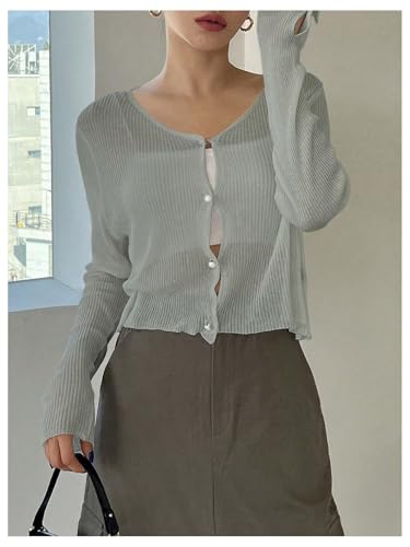 Image of Floerns Women's Ribbed Knit Long Sleeve Button Front V Neck Cardigan Crop Top