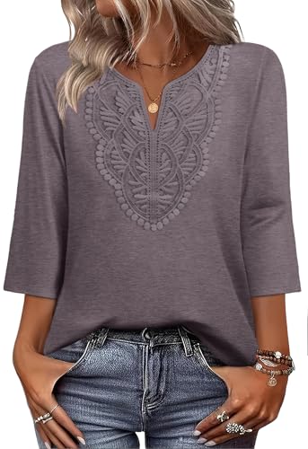 Wiholl Tshirt Shirts for Women Womens Tops Blouses for Women Dressy Casual 3/4 Sleeve Teacher Cruise Outfits Spring Boho Tops Fashion Clothing Western Outfit Resort Wear 2026 Plus Size Clothes Fall XL