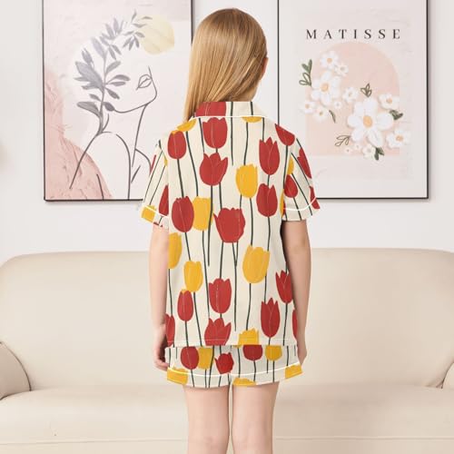 ALAZA Red Yellow Tulip Flower Art Pajamas Satin Pajama Set Short Sleeve Button Down Sleepwear4