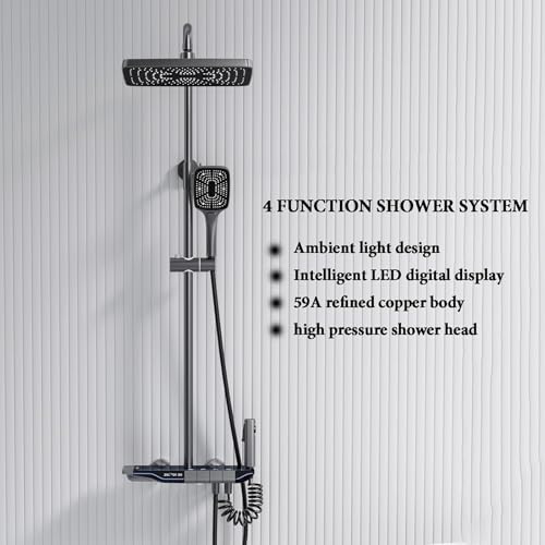QREZAA Thermostatic Piano Key Shower System with Digital Display, Ambient Lights, 12" Rain Head, Tub Spout, Hand Shower, Bidet Sprayer - Gun Gray