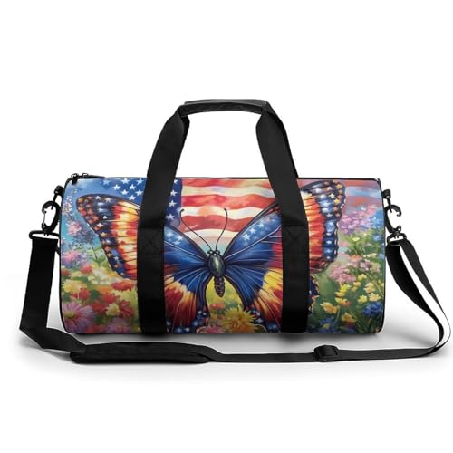 U.S Flag Butterfly Flower Gym Bag Travel Duffel Bag Lightweight Carry On Weekender Bag Tote Bags for Women Men