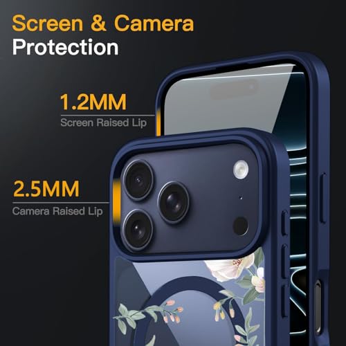 Image of VONZEE Back Cover Case Compatible with iPhone 17 Pro Max, Luxury Retro Flowers Floral Clear for Magnetic Wireless Charging Case Shockproof PC+TPU Cute Glossy Shiny Cover for Girls|6.9''|Navy Blue