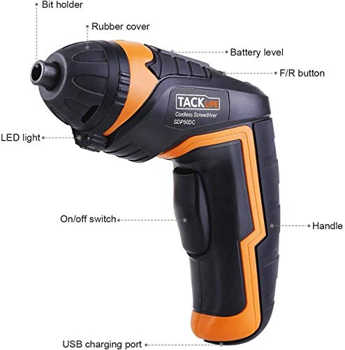 TACKLIFE Cordless Screwdriver, Electric Screwdriver, 4V MAX 2.0Ah Li-ion with Battery Indicator, 31 Free Accessories, USB Rechargeable, Lightweight and Easy for Small Home Projects-SDP50DC
