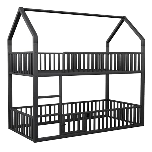 Ball & Cast Stockbett (90x200cm) mit Hohem Geländer, Metal Etagenbett mit Kleiner Tür zum Öffnen und Schließen, EStabil & Rauschlos, Schwarz