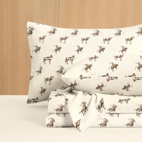 Image of Wake In Cloud - Western Bed Sheets, 4-Piece Sheet Set, Rustic Ranch Cowboy Horse Southwestern Country Vintage Pattern Printed Bedding, Deep Pocket, Beige Brown, Queen Size