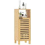 HOMCOM Armario de Baño de Bambú, Columna de Baño Estrecha con Estante Abierto, Puerta de Lamas, Estante Ajustable, 30x30x80 cm, Natural