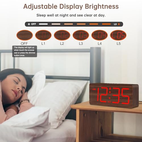 Image of DreamSky Wooden Digital Alarm Clock for Bedroom with Large Numbers | Desk Clocks for Living Room, Office, Dimmer, Loud Alarm for Heavy Sleepers with Volume Control, DST, Wood Decor (Plug-in)