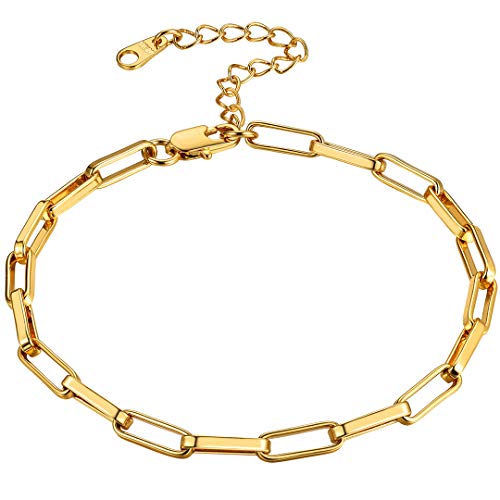 18K Gold Paperclip Chain Anklet For Women Teen Girls, Summer Adjustable Beach Boho Minimalist Jewelry Oval Chain Link Ankle Bracelet #TOP28