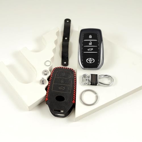Image of Leather Smart Car Key Cover Case with Metal Hook Keychain for Toyota Fortuner Innova Crysta (Black)