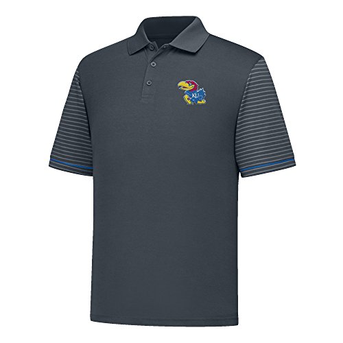J America NCAA Kansas Jayhawks Men's Linebacker Ii Yd Dyed Colorbock Polo, Small, Charcoal/Royal