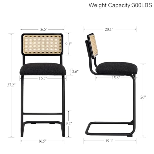 Image of ONEVOG Rattan Counter Height Bar Stools Set of 4, 26 inch Boucle Barstools with Natural Solid Wood Cane Back & Matte Black Metal Legs, Upholstered Counter Kitchen Island Chairs, Cantilevered Design, Black