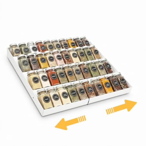 GOENDR Spice Drawer Organizer, 4-Tier Metal Spice Rack for Drawer, Expandable Seasoning Organizer Fits 11.4-22.8” Wide Drawer, Holds up to 48 Spice Jars (Not Included), White