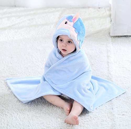 Image of TONWHAR 0-4 Years Toddlers' And Kids' Boys Girls Animal Face Hooded Blanket Baby's Bathrobe,Plush After Bath Blanket (Blue Horse)