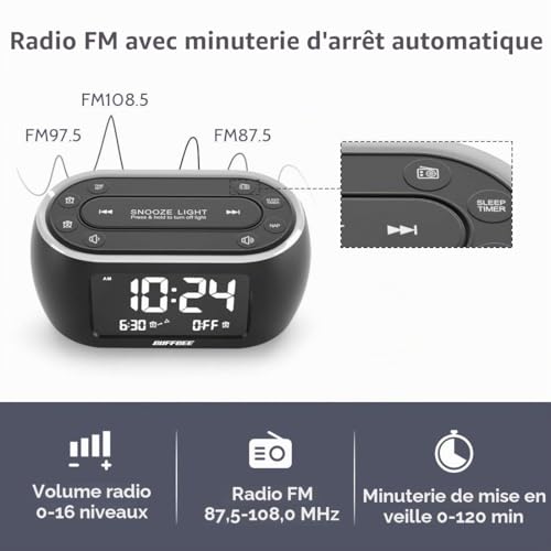 BUFFBEE Radio réveil de Chevet avec veilleuse de 7 Couleurs, Double Alarme, répétition, variateur, Chargeur USB, réveil numérique avec Radio FM, minuterie d’arrêt Automatique – vue 3