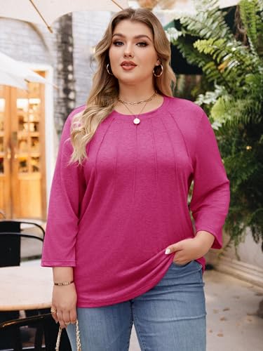 Image of Chulianyouhuo Womens Plus Size Tops 3 /4 Sleeve Casual T Shirts | Crew Neck, Pleated Blouse Tee, Dressy Casual Shirts, Loose Fit Tunic Tops, Soft Fabric, Going Out Outfits