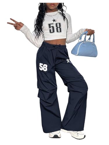 Girl's Parachute Pants Y2k Number Star Graphic Elastic Waist Wide Leg Workout Baggy Track Pants