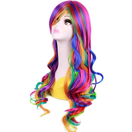 BERON 28 Inches Long Culry Rainbow Wig Girls Cosplay Party Wavy Wigs with Wig Cap (Multicolor)