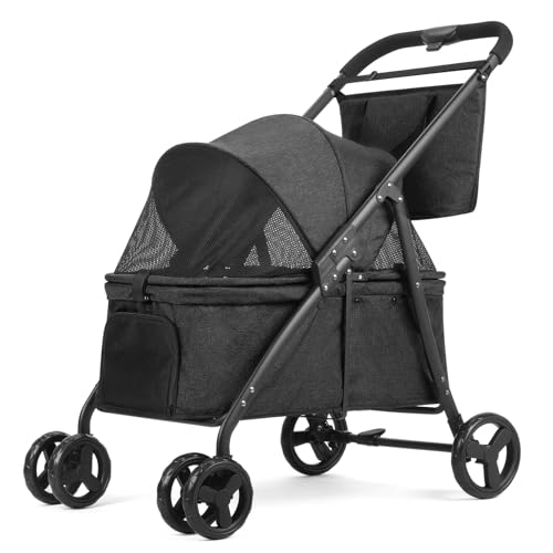 Passeggino per cani di taglia media per cani di taglia grande, passeggino per 2 cani di piccola taglia, passeggini a 4 ruote per animali domestici, con parasole pieghevole e ventilato, impermeabile