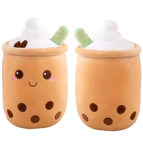 Aiuidun Bubble Tea Oreiller en Peluche, Kawaii Boba Peluche Remplissage Jouet Doux Bubble Pearl Lait Tea Holder Oreiller Cadeau pour Les Enfants(Brown-Round Eyes,50cm)