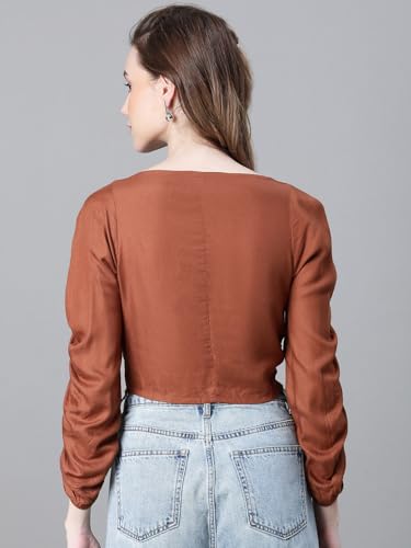 Image of oxolloxo Women Floral Print Semi-Sheer Round Neck Tie-Knotted Elasticated Long Crop Sleeve Top