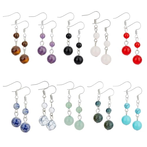 SUPERFINDINGS 10 Colors Colorful Natural Stone Beaded Earrings Chakra Crystal Round Gemstone Dangle Earrings Lightweight Reiki Dangling Earring Inspirational Jewelry Gifts for Women