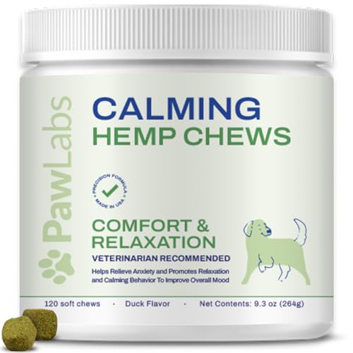 Calming Hemp Chews for Dogs by Pawlabs - Support Calm Behavior - Organic Hemp Chamomile Valerian Root - Natural Calming Aid - Vet Formulated USA Made - Duck Flavor - 120 Count