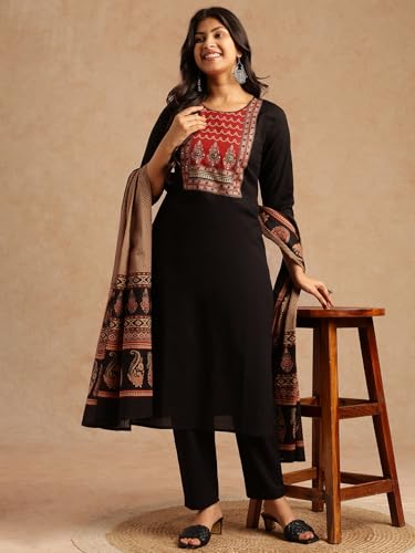 Image of Vbuyz Women Ajrakh With Yoke design Cotton Straight Kurta Set With Dupatta