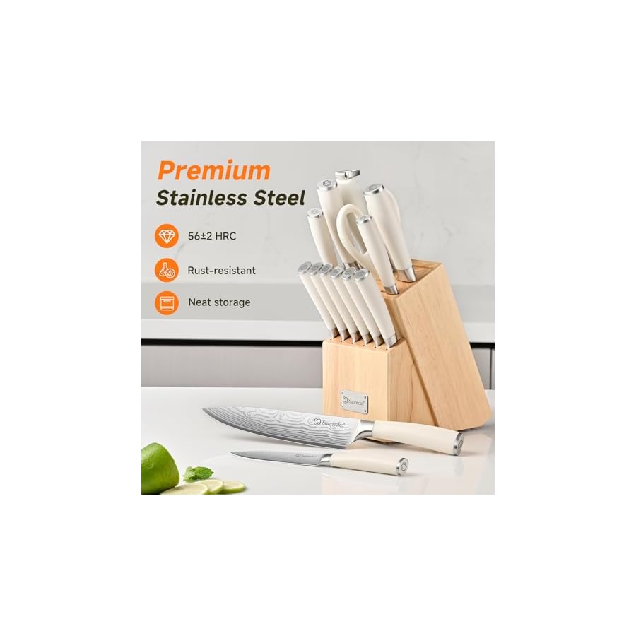 Sunnecko Knife Set with Block and Sharpener, 15 Piece Kitchen Knife Block Set Sharp Kitchen Knives High Carbon Stainless Steel with White Handles
