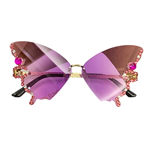 Diamond Butterfly Sunglasses Women Rimless Sunglasses Small Face Bling Sunglasses -Eye Butterfly Glasses, Gradient Purple
