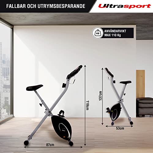 Ultrasport F-Bike, F-Rider Basics, cykeltränare, fitnesscykel LCD träningsdator, hopfällbar motionscykel, Max. Användarvikt 110 kg, pulsmätning, 8 motståndsnivåer, trimhjul, Svart/Silver