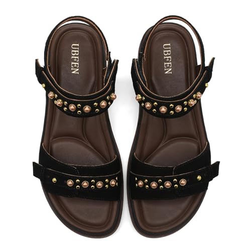 Image of UBFEN Womens Flat Sandals with Adjustable Back Strap, Arch Support | Beaded, Open Toe, Slingback, Casual, Comfortable for Walking, Vacation and Travel