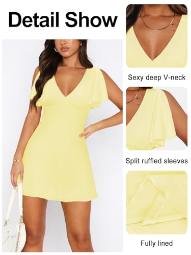 Image of MIYIEONZ Women's Sexy Deep V-Neck Ruffle Sleeve Mini Dresses Summer Casual Bodycon Beach Cocktail Party Club Short Dress